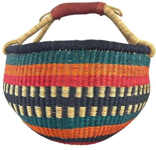 Bolga Korb Afrika - XXL - Das Original aus Ghana - Bunt - Fair Trade - Rund - Viele Farben - Afrikanischer Graskorb mit Ledergriff - Flechtkorb 30-40 cm - Rundkorb mit Wunschdesign (Bawku)