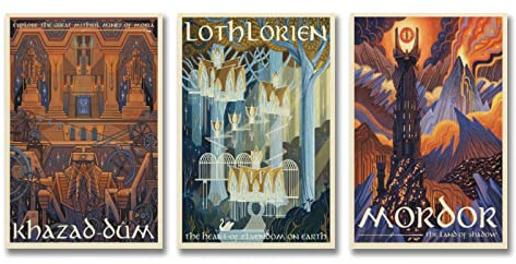 Ensemble de 3 posters vintage de style Mordor Seigneur des Anneaux Hobbit - Art sur toile de voyage - Cool Artworks - Peinture murale - Impressions sur toile - Image à suspendre - 40 x 60 cm