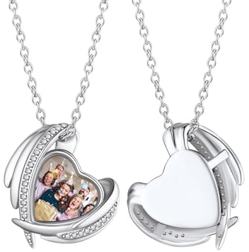 Custom4U Collier Personnalisé Photo Acier Inoxydable,Médaillon Aile d'ange Pendentif Porte Photo Gravé avec Chaîne 50+5 cm(Boîte Cadeau)