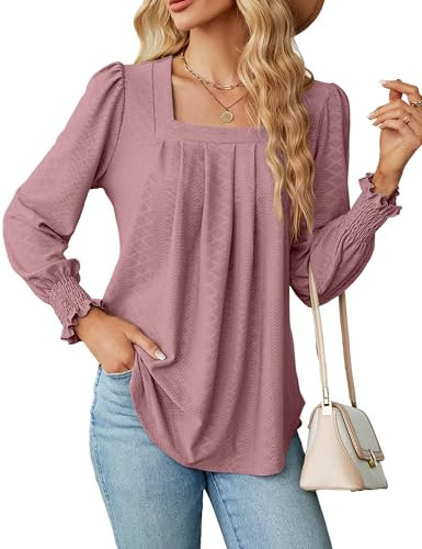 Maglietta da Donna con Collo Quadrato Camicia Manica Lunga Elegante Bluse Basic Tee Shirt Top di Moda Maglietta Casual Tinta Unita Autunno Primavera Tunica(S-XXL)
