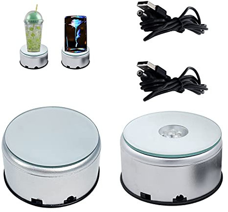 2PCS LED Rotating Display Stand, Round LED Crystal Display Base Colorful LED Turntable Display Base Mute Rotatable Light Pedestal Mirror Light Base for Crystal, Resin Art