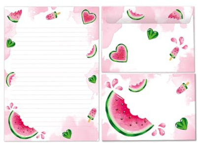 Briefpapier-Set Briefblock mit Umschlag für Mädchen Kinder Wassermelone Eis Kindermotiv Briefbögenblock liniert (Block A5 mit 25 Blätter + 15 Umschläge)