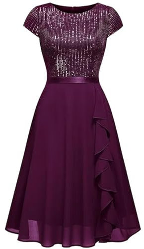 Abito con Paillettes a Maniche Corte Abito in Chiffon Rosa da Festa Canotta Midi da Donna Elegante-Fucsia-L