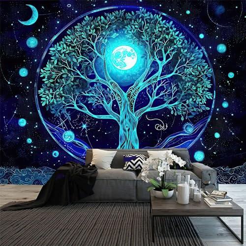 FENDROM Blue Moon Tree of Life Tapestry Galaxy Space Landscape Wall Hanging Aesthetic UV Reactive Fantasy Tree Art Decor Posters for Bedroom Living Room Dorm