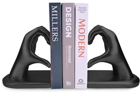 Schwarz Buchstützen Set aus Resin - Herz & Hände Skulptur als Buchstütze, dekorative Bookends für Bücherregal | Buchstopper für Wohnzimmer, Home Office & Bibliothek