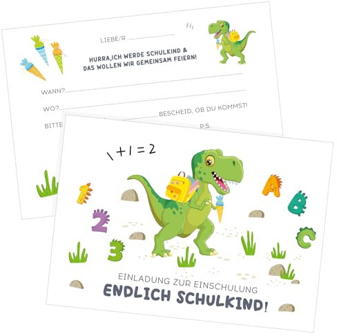 Capaneus 12er Dinosaurier Einschulung Einladungskarten, Dino Einladung Einschulung Junge, Dino Einladungskarten Einschulung Grundschule, Einladungskarten für Kinder zum Schulanfang, Endlich Schulkind