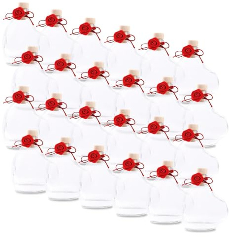 Flaschenbauer - 24x Glasflasche Herz 50 ml - Glasflaschen mit Korken - Herzflaschen aus Glas zum Befüllen, Geschenkidee für Hochzeit, Valentinstag & Geburtstag, Deko Flaschen, kleine Schnapsflaschen