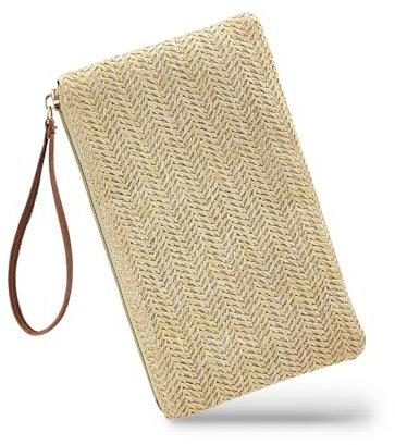 WisePoint Porte Monnaie Femme, Pochette de Paille pour Femmes, Portefeuille Femme Tressé Bohème avec Poignée pour la Plage, Voyage, Fête, Mariage (Beige)