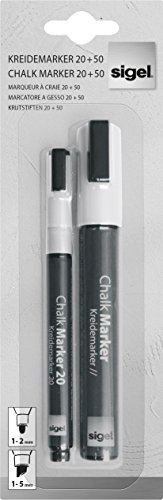 Sigel GL176 - Pennarelli a gesso liquido, 20 e 50, cancellabili, 1 punta a testa in giva Ø 1 a 2 mm, 1 punta smussata 5-15 mm, colore: bianco