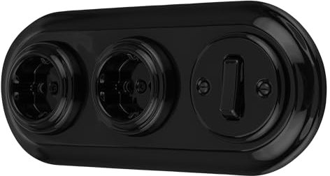 Unterputz Porzellan Retro Steckdose, Schalter, 3-fach, All-in-One, SET Serie PR1 schwarz