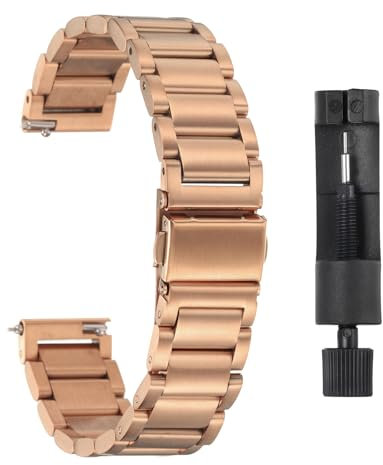 sourcing map Stainless Steel Watch Bands 16mm Metal Plating Butterfly Clasp Quick Release Solid Steel Chain Watchband Replacement with Adapter Fits Smart Watch for Men Women, Rose Gold