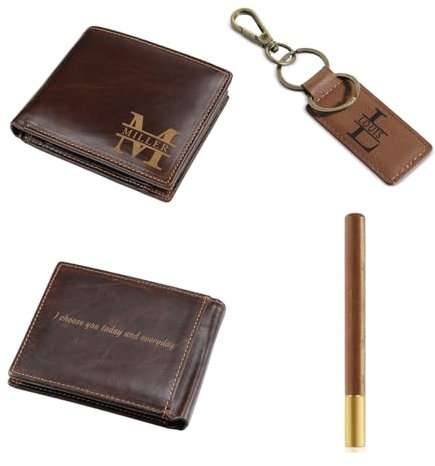 Glimmerday 3 en 1 Ensemble de Cadeaux en Cuir pour Les Homme avec Belle Boîte-Cadeau Portefeuille Personnalisé Porte-clés Signature Stylo, Cadeau de Fête des Pères, Saint-Valentin Boîte-Cadeau Ami
