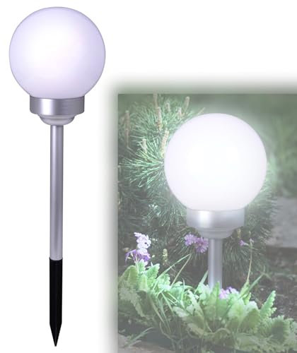 bmf-versand Solarlampe für Außen Garten Kugel - Solarkugel mit Erdspieß - Solarleuchte Balkon Weiß - Gartenleuchte Solar 25 cm - Außenlampe Wegeleuchte Beet