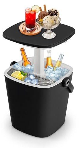 COSTWAY 3 en 1 Mesa Nevera Portatil 15L con Asa, Cool Bar con Abridor de Botellas y Tapa Superior Elevable, 15 Latas, Mesa Cóctel Jardin Terraza (Negro)