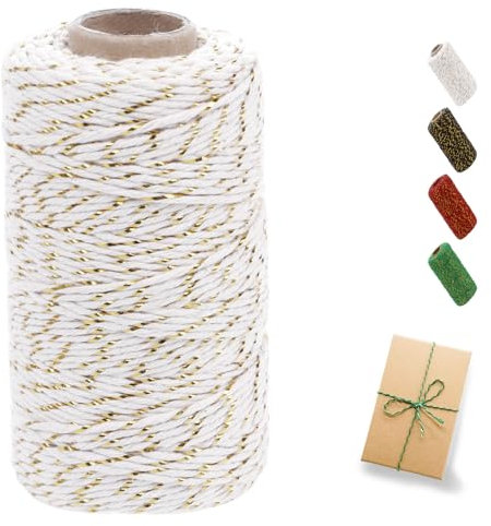 CAMAL Corde Macramé 2mm Fil Macramé Corde Or Étincelant Coton Ficelle 100m Fil Macramé 2mm Corde Coton Ficelle Dorée pour Suspension Murale, Bricolage, Projets Décoratifs (Or Blanc)