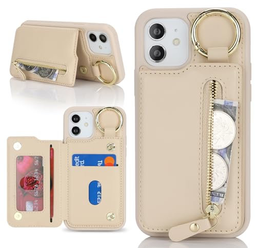 Ｈａｖａｙａ für iPhone 12 Hülle mit Kartenhalter Handyhülle für iPhone 12 Pro mit Schlüsselanhänger Hülle geldbörse Reißverschluss für Herren und Damen - Aprikose