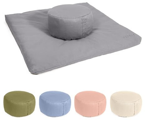 Vedara® Meditationsset Yogakissen Meditationsmatte Zabuton Kissen Rund – Waschbarer Bezug aus 100% robuster Baumwolle – Yoga Sitzkissen mit Bio-Dinkelspelzfüllung – Sitzhöhe 15cm (Zen Grau)
