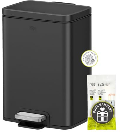 EKO Madison Matte Black 6L / 1.6 Gal Bathroom Trash Can with Lid and Removable Inner Basket, Rectangular Small Step Trash Can, Brushed Stainless Steel