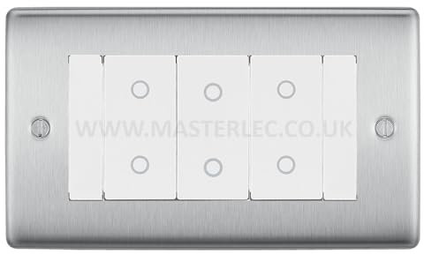 BG NBSTDM3W Brushed Steel 3 Gang Triple Master Touch Dimmer Switch White Inserts