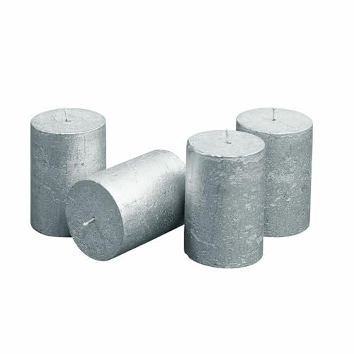 Loberon Kerze 4er Set Virrans, Handgearbeitete Echtwachskerzen, Durchgefärbt, Lange Brenndauer, Adventskerzen, Adventskranz, Stumpenkerzen, Paraffinwachs, Silber