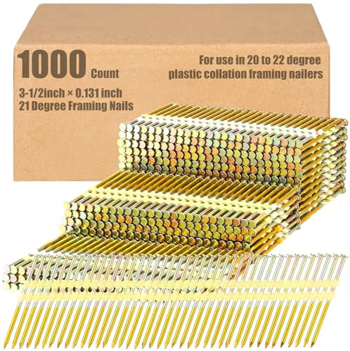 Pasimy 1000 Per Box 3-1/2 x 0.131 Inch Framing Nails 21 EG Degree Smooth Shank Plastic Collated Galvanized Full Round Head Framing Nails