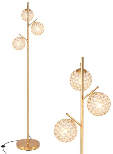 GOPLUS 170cm Lampadaire sur Pied Salon 3 Globes en Or, Abat-jours en Cristal Acrylique, Base Lestée & Interrupteur au Pied, Lampadaire Autonome pour Salon, Chambre, Bureau