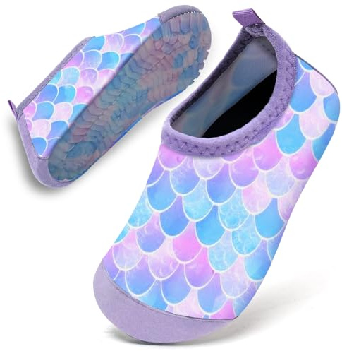 Water Shoes Toddler Kids Baby Infant Girls Beach Shoes Swim Shoes Barefoot Aqua Socks Non-Slip for Swmming Pool Water Park(Blue Purple Mermaid,18/19)