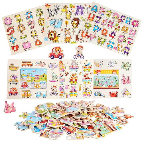 6 pack Wooden Learning Puzzles, Educational Montessori Toddler Animal Jigsaws Puzzles for Girls Boys Gifts