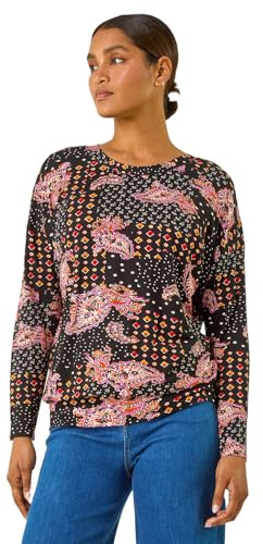 Roman Originals Blouson Top for Women UK Ladies Drop Shoulder Long Sleeve Jersey Stretchy Oversized Casual Office Jumper Soft Everyday Sweater Lounge Sweatshirt Blouses - Orange Black - Size 16