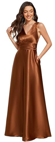 Ever-Pretty Women Maxi Dresses Bridesmaid Dress Pleated A-Line Satin Sleeveless Dress with Double V Elegant Evening Dress Copper 18UK