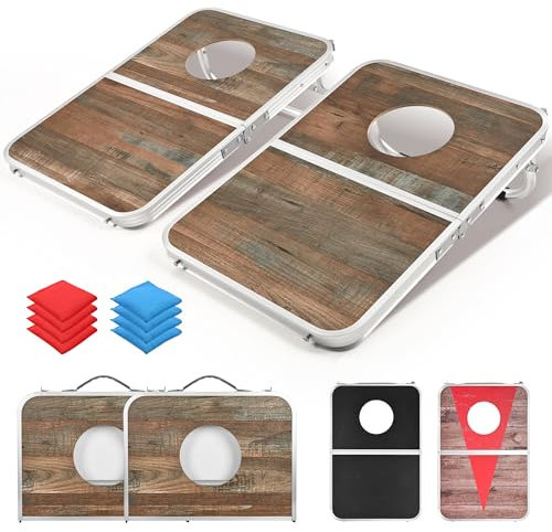 ROPODA Tragbares Cornhole-Brett-Set, Maisloch-Spiele für Erwachsene mit 8 Sitzsäcken, leichte Aluminium-Legierung, Cornhole-Set für Outdoor-Spiele, Strandspiele und Heckklappen, Holzmaserung