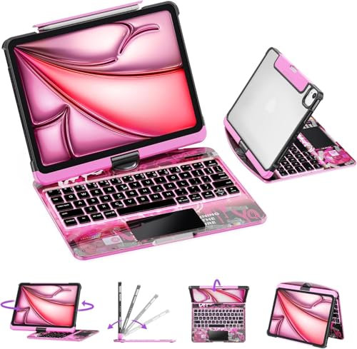 GUSGU Transparent Case with Wireless Keyboard for iPad Air 13-in.(M3/M2, 2025/2024), 7 Colors Backlight, Trackpad, 360°Rotating Stand for iPad Pro 12.9-in (6/5/4/3 Gen), Tech Style