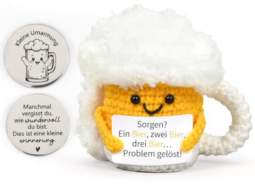 HUKUMA Bier Geschenke für Männer,Gestrickte Puppe Bier Anti Stress Geschenke,Positive Kuscheltier,Gehäkeltes Emotional Support Geschenk,Pocket Hug Stress Relief Gifts