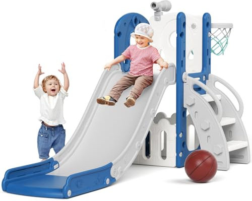 XJD Tobogán Infantil con Canasta de Baloncesto, tobogán Independiente para 1-3 años, para Interiores y Exteriores, con caño Antideslizante, tobogán de jardín (Azul Gris)