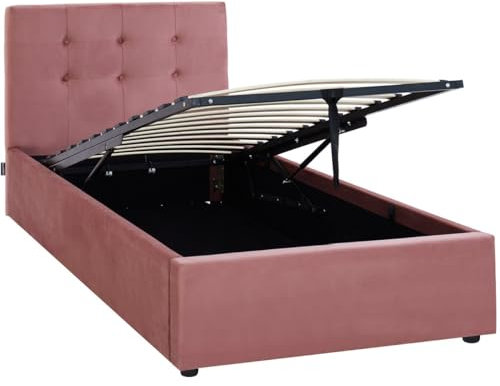 HOMIFAB Lit Coffre Adulte 90x190 cm avec tête de lit matelassée en Velours Rose et sommier - Tina
