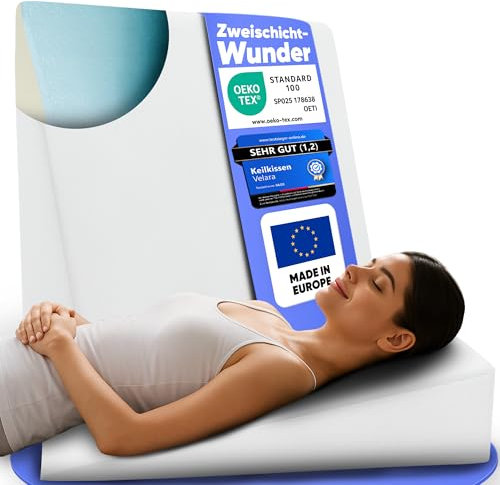 Velara Keilkissen Bett 90 cm breit | Made in Europe | innovatives [2-Schicht-System] | Reflux Kissen zur Schlaferhöhung | Matratzenkeil | Bettkeil | Lesekissen mit weichem, waschbarem Bezug
