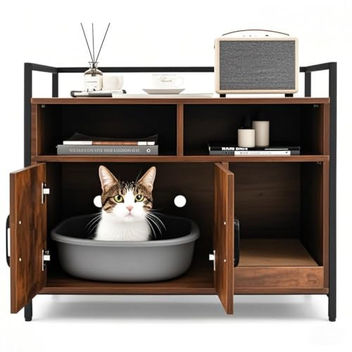 SOARS Katzenschrank für Katzentoilette mit Kratzmatte,89 x 45 x 74,5 cm Katzenhaus mit offenen Regalen & 2 Fächern & hohe Beine, Katzenklo Schrank Katzenmöbel für Wohnzimmer,Flur,Eingang (Kaffee)
