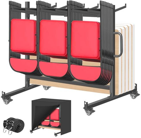 Folding Chair Rack & Cart – Heavy-Duty Folding Chair Storage Dolly with Lockable Wheels, Holds 42 Chairs or 12 Tables (550 lbs Capacity) – Includes Outdoor Weatherproof Cover and Bungee Cords