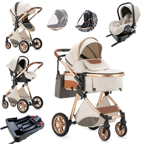 Lnhcrbs Kinderwagen 3 in 1,Kinderwagen Buggy Schlafkorb ist Faltbar,Kinderwagen Set mit Autositz, Mumie Rucksack Regen Abdeckung Mit Moskitonetz, 0-3 Jahre