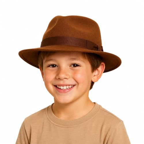 FUN FABLES Kids Brown Explorer Hat – Child’s Felt Fedora Costume Hat for Adventurer, Archaeologist, Dinosaur Hunter & Halloween Fancy Dress