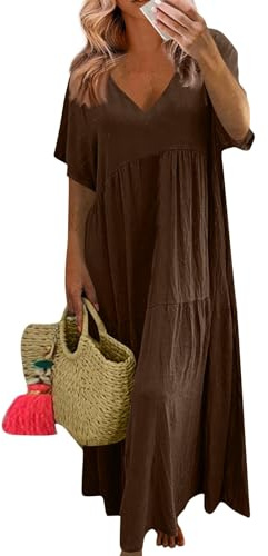 Robe Boheme Chic Longue Femme 2025 Mode en Coton Lin à Col en V à Manches Courtes Plus Size Couleur Unie Plissee Fluide Robe de Plage ÉTé Grande Taille pour Fête Vacances
