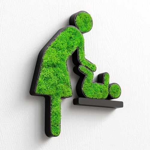 WC Türschild mit echtem Moos, Schwarz, Wickelraum | Selbstklebend, Für Gäste-WC, Badezimmer & barrierefreie Toiletten, Natürliches Moosbild, Deko-Schild