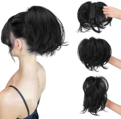 Sofeiyan Haarteil mit Klammer,Haarteil Zopf mit Flexiblem Draht für DIY | Kurze Pferdeschwanz Haarverlängerung,Glattes Kunsthaar Ponytail Extension Perücke für Dünnes Haar,Schwarz