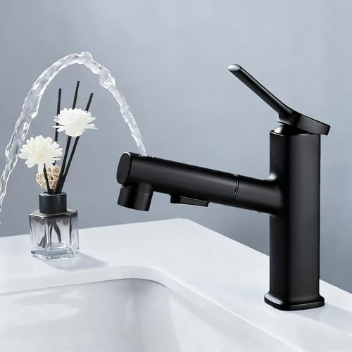 Wasserhahn Bad mit Ausziehbar Brause, Armatur Badezimmer mit 2 Strahlarten, Einhebelmischer Waschbecken, Warm Kalt Mischbatterie Bad, Waschbeckenarmatur für Badezimmer (Schwarz)