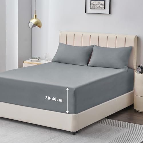 Aisbo Spannbettlaken 200x200cm Bettlaken Boxspringbett - Bett Laken Grau 200x200 aus Premium Mikrofaser, weiches Spannbetttuch 200 x 200 Hellgrau Steghöhe 40cm für Wasserbett Bed Fitted Sheet
