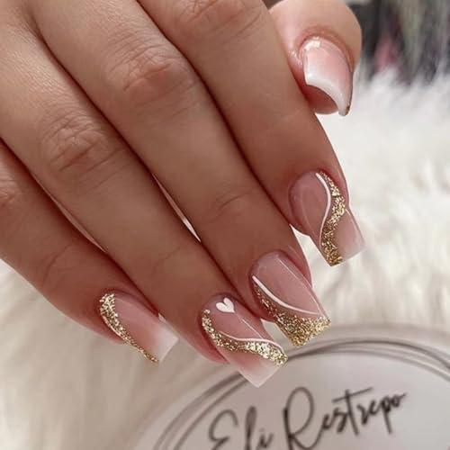 NICENEEDED 24 PCS Ongles à Coller Pailletés Dorés et Roses Faux Ongles Carrés Moyens avec Motif en Forme de Cœur Ongles Autocollants Dégradés Roses pour Femmes Manucure DIY