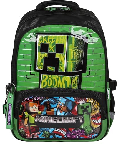 sarcia.eu Grün-schwarzer Schulrucksack mit Laptopfach und Reflektoren (Minecraft Creeper)