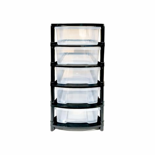 RelianceUK 5 Tier Large Black Plastic Storage Drawers | Stackable Storage Unit for Home, School, Office, Stationary | Durable Chest Plastic Drawers for Clothes and Essentials – L38.5 X D30.5 X H75CM