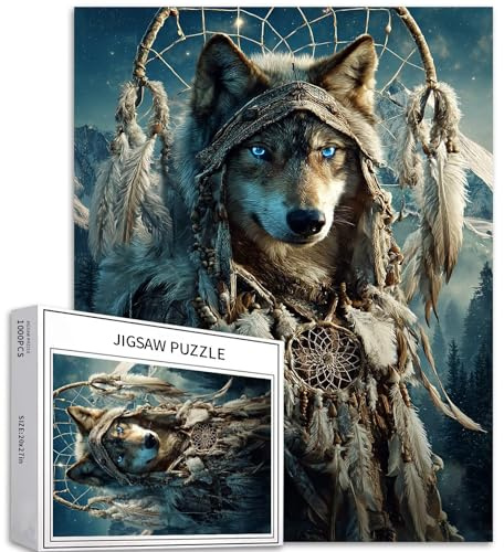 Fantasy Wolf 1000-teiliges Puzzle für Erwachsene, Traumfänger, Hintergrundkunst-Puzzle, bunt, DIY-Puzzle, Heimdekoration, Geschenke, Familienpuzzle, perfekt für Spieleabende, 50 x 70 cm