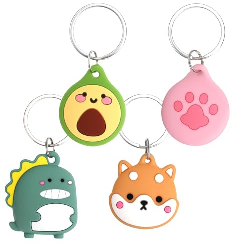 Airtag Hülle 4er Set für Apple AirTag Hülle kompatibles Zubehör mit Schlüsselanhänger, süßes Cartoon Muster Schutzhülle Design ideal für GPS Tracker Hund, Katzenhalsband Airtag, Hundehalsband Halter